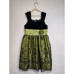 Bonnie Jean Party Dress Green Black Floral Velvet Sash Girls Size 16